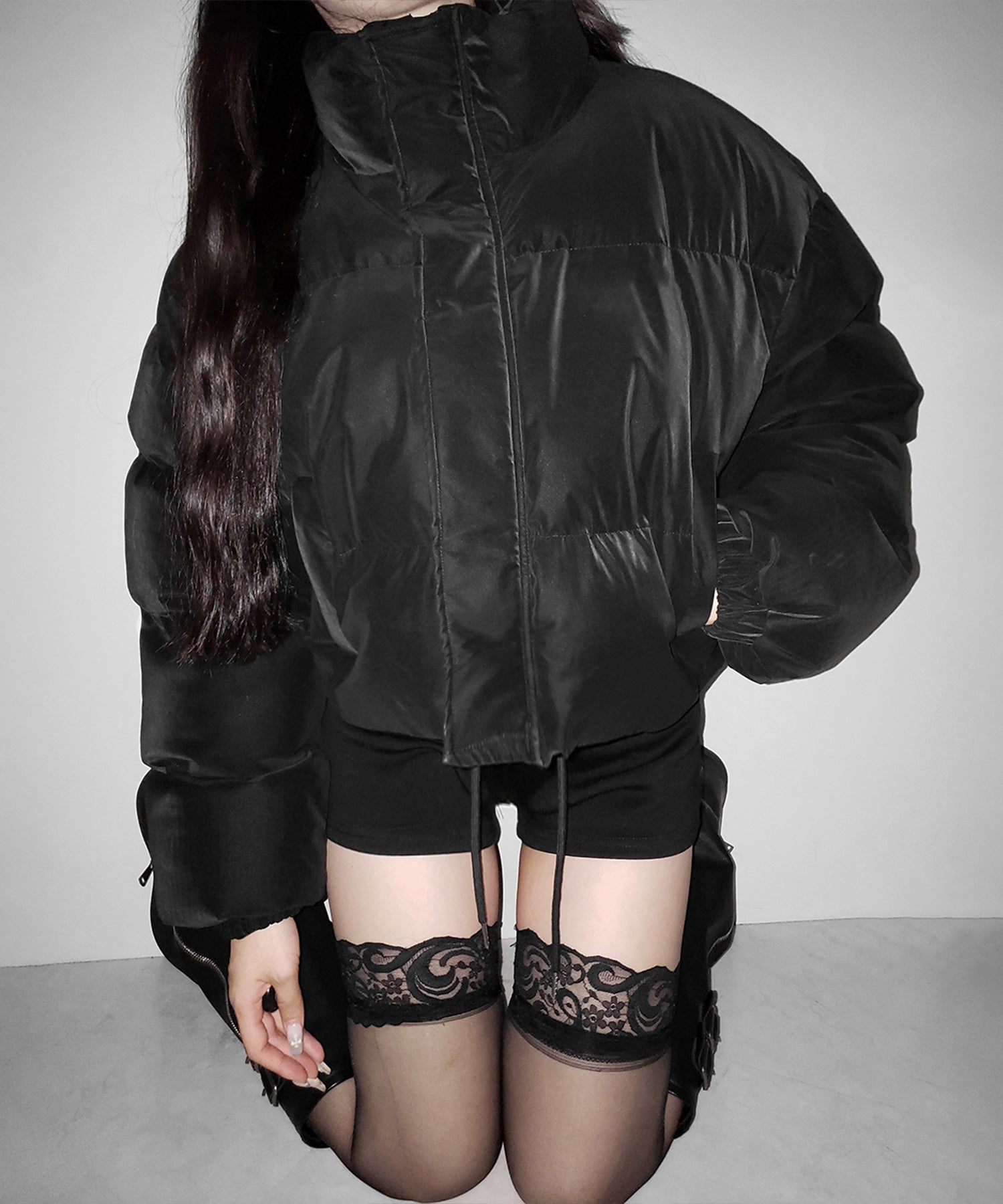 【 大好評につきロゴ無しバージョン追加! 】グランジロゴ刺繍ショートパフダウンジャケット / grunge logo embroidery short puff down jacket