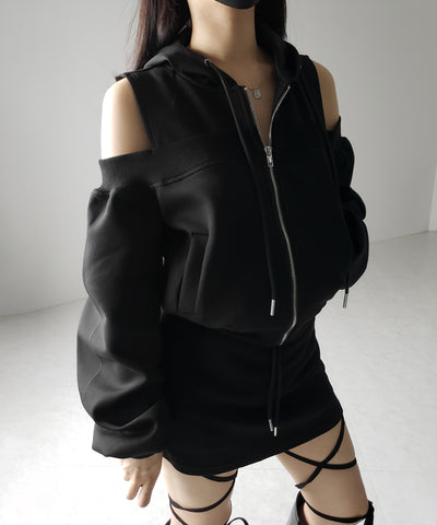 オープンショルダーカットアウトジップアップパーカー / open shoulder cut out zip up hoodie