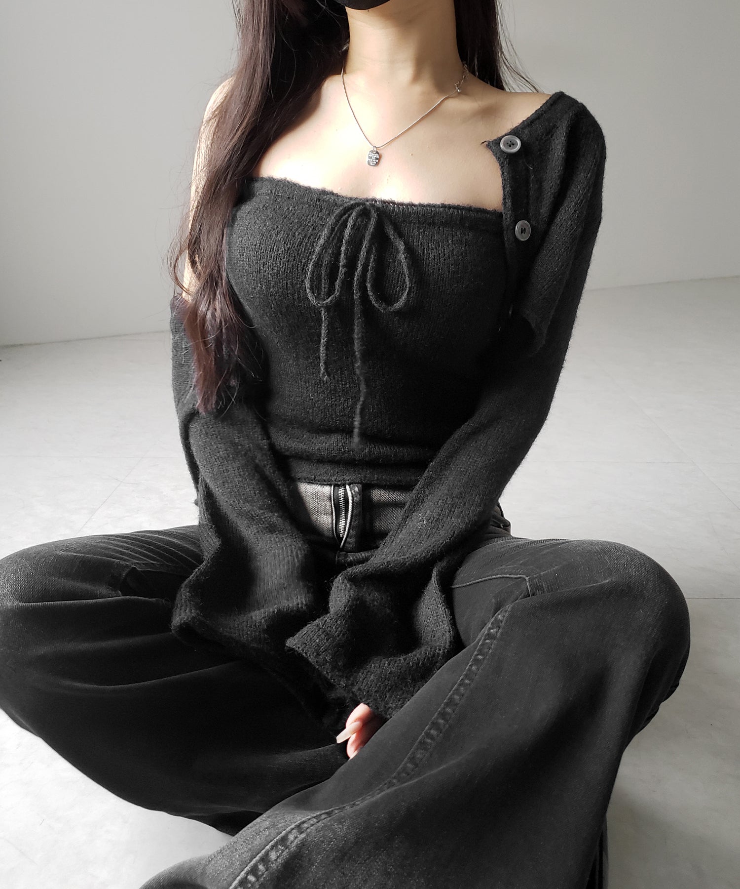 【 2点セット 】フロントリボンニットベアトップ + 長袖ショートカーディガン SET / front ribbon knit bare top + long sleeve short cardigan set