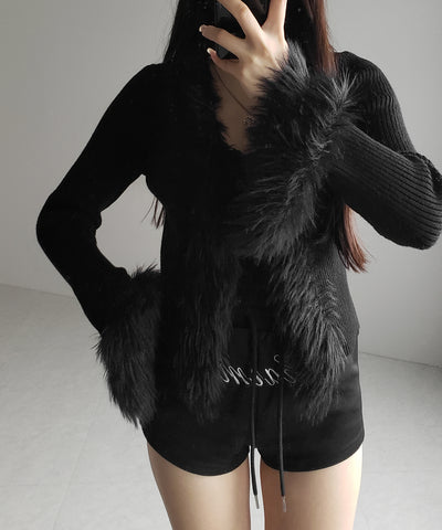 シャギーファードッキングリブニットカーディガン / shaggy fur docking rib knit cardigan