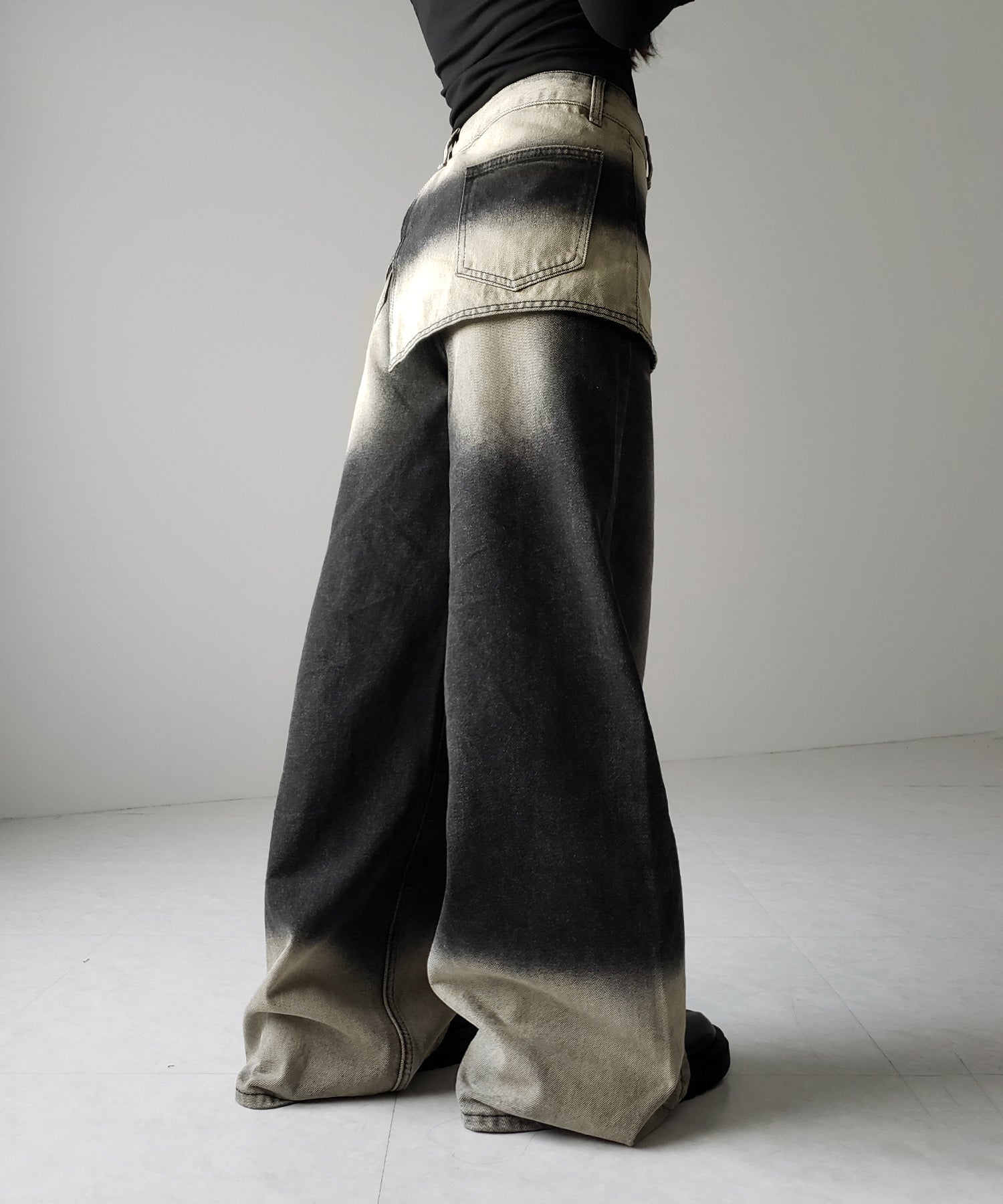【 2color /4size 】ラップレイヤードバイカラーブリーチワイドデニム / wrap layered bicolor bleach wide denim