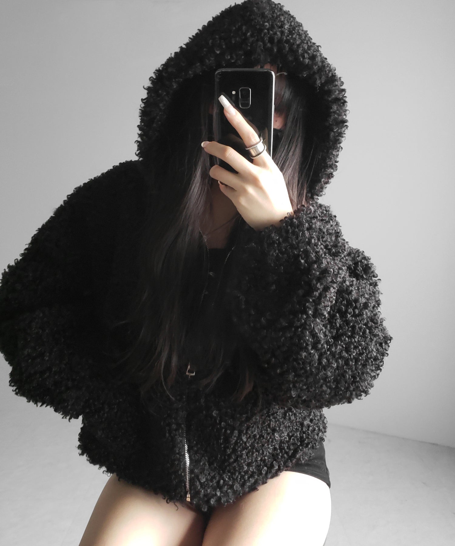 テディボアジップアップフーディクロップドコート / teddy boa zipup hoodie cropped cat