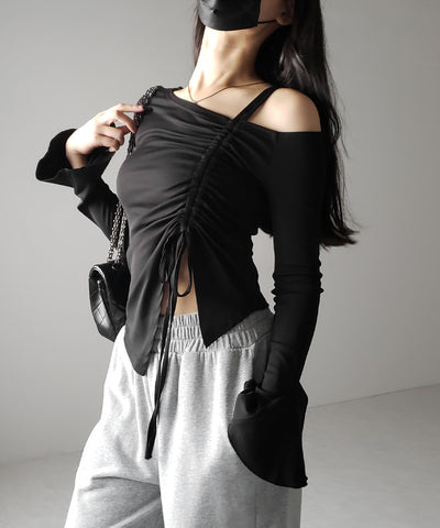 シャーリングリボンスリットワンショルダートップス / shirring ribbon slit one shoulder tops