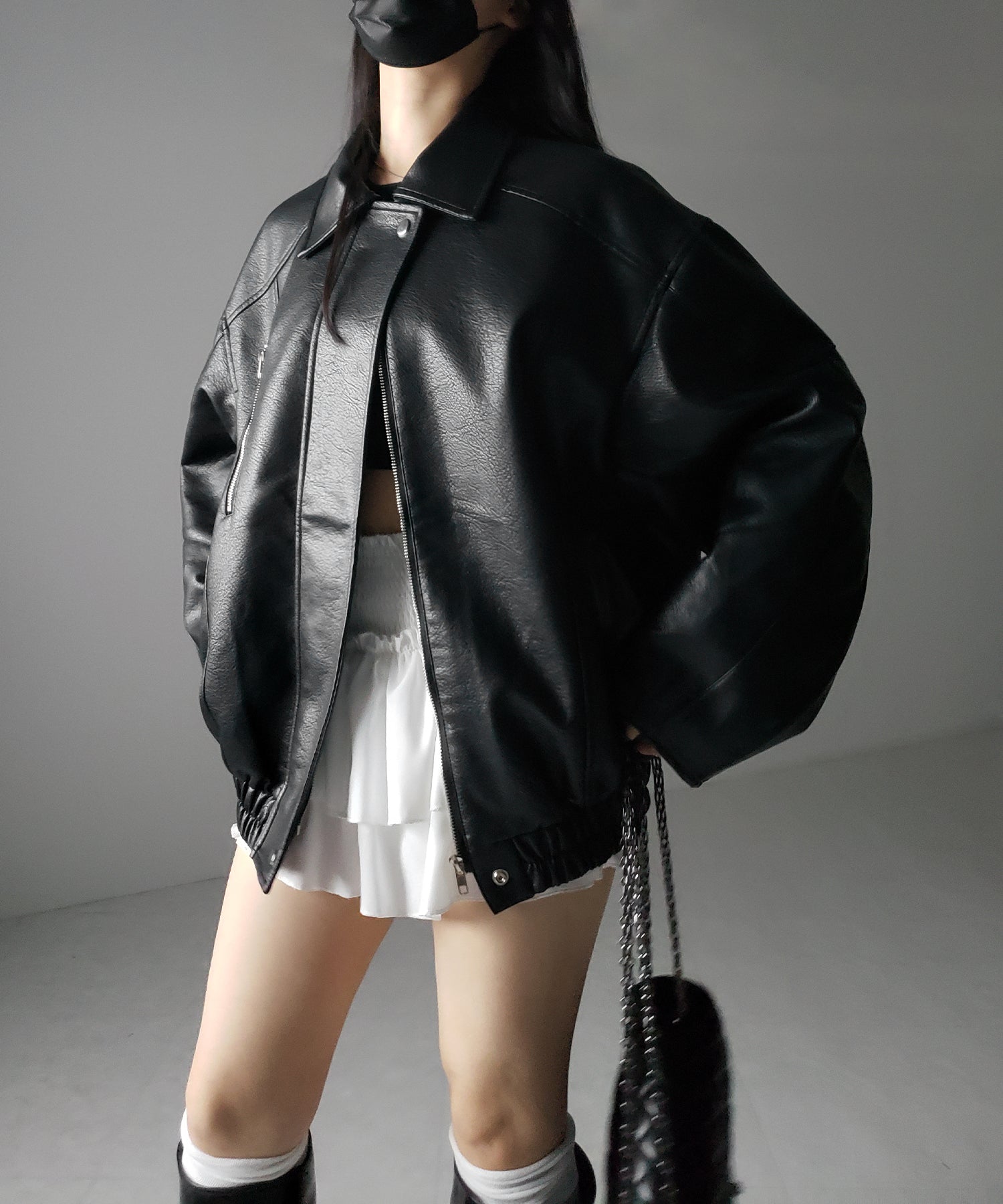 【 2color 】ヴィンテージライクボリュームスリーブフェイクレザーブルゾン / vintage like volume sleeve fake leather blouson