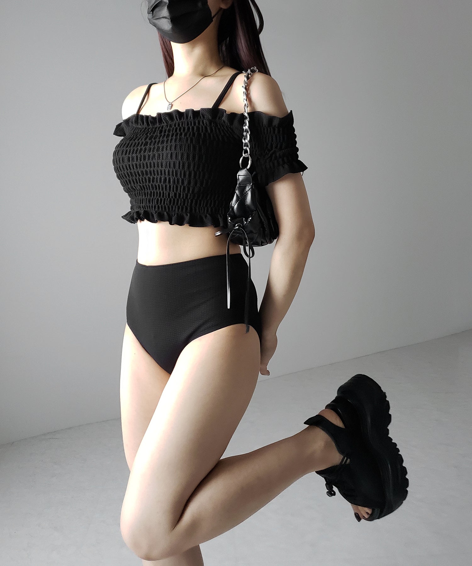 【 レディース水着/2点セット 】オフショルダーシャーリングギャザーハイウエストビキニ / off shoulder shirring gather highwaist bikini