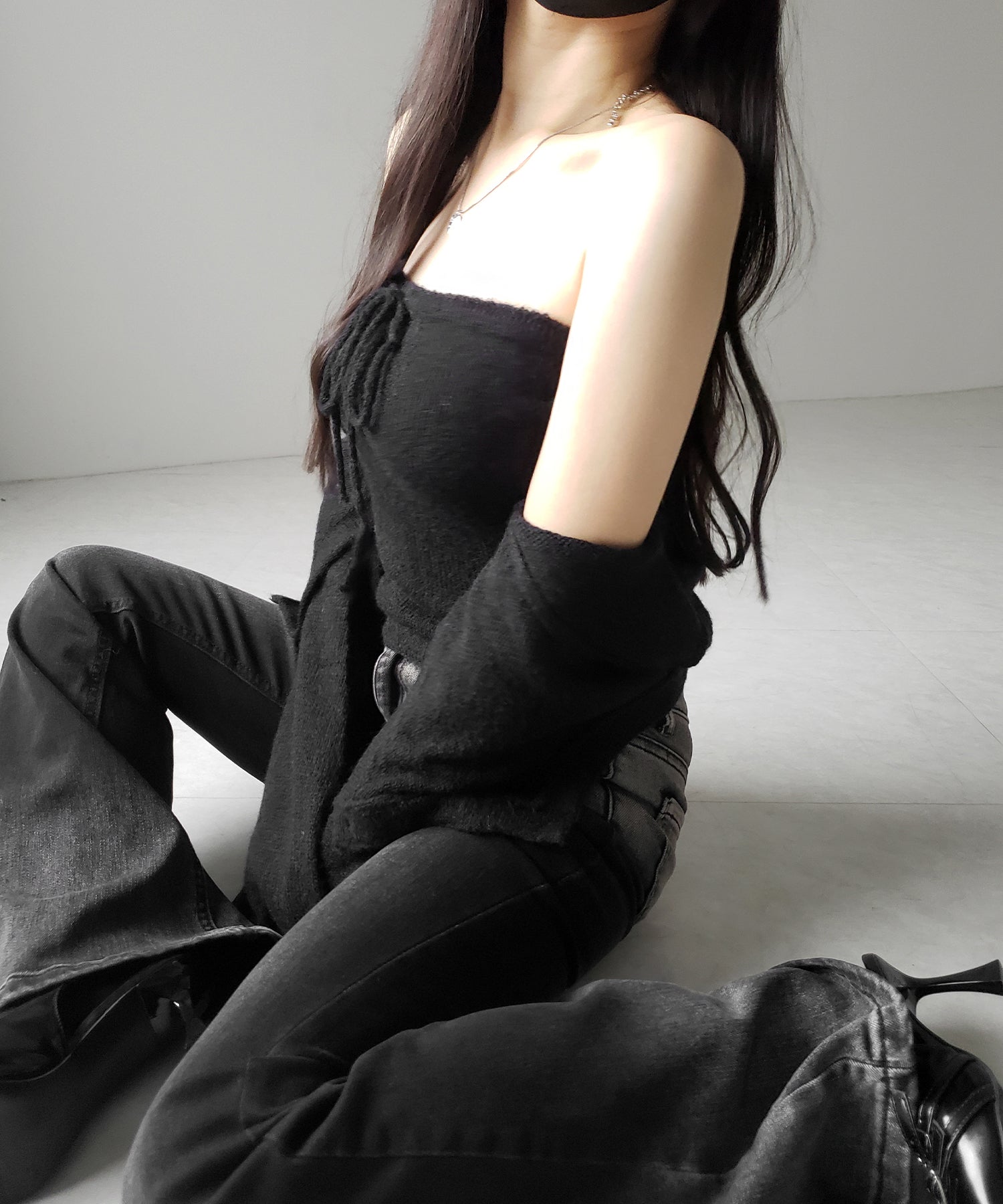 【 2点セット 】フロントリボンニットベアトップ + 長袖ショートカーディガン SET / front ribbon knit bare top + long sleeve short cardigan set