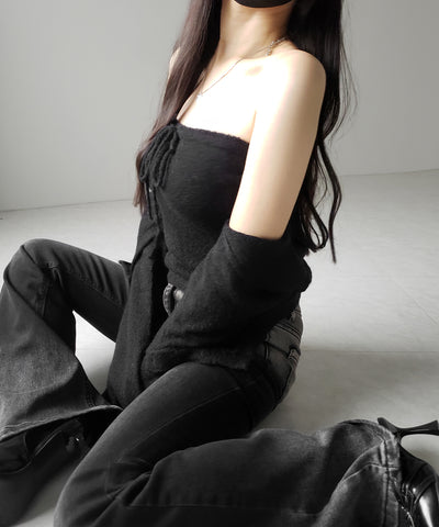【 2点セット 】フロントリボンニットベアトップ + 長袖ショートカーディガン SET / front ribbon knit bare top + long sleeve short cardigan set