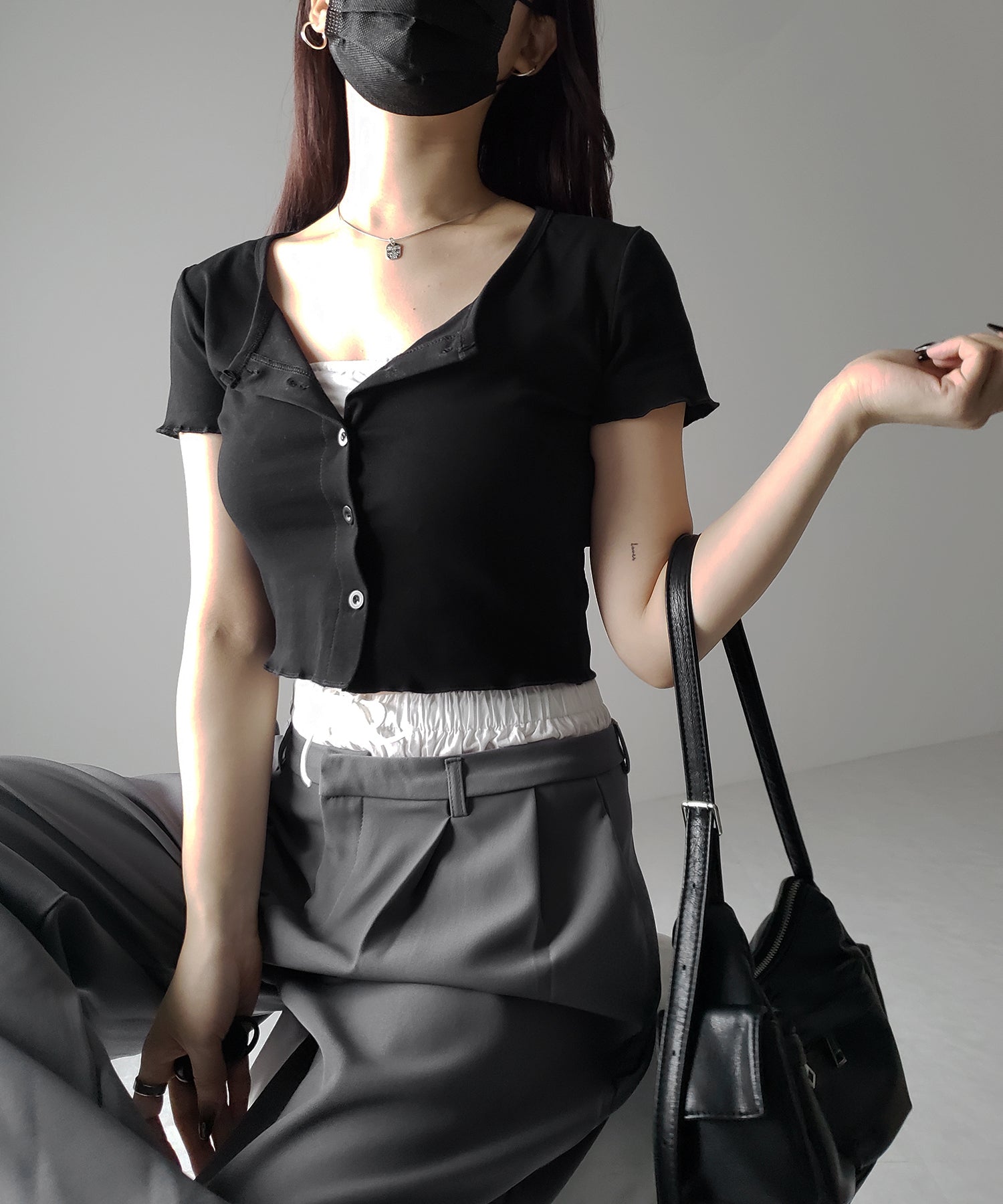 【 3color 】フロントボタン半袖メローショートTシャツ / front button mellow short Tee