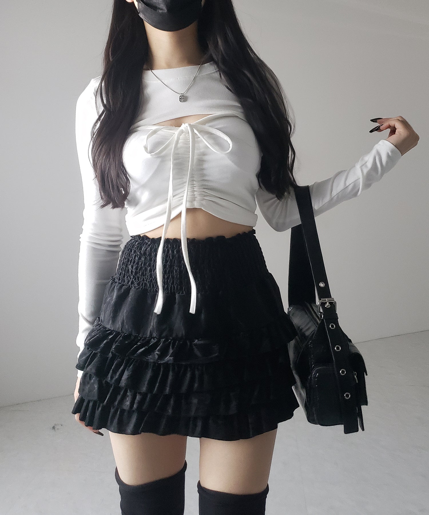【 インナーパンツ裏地付 】ハイウエストシャーリングフリルミニスカート / high waist shirring frill mini skirt