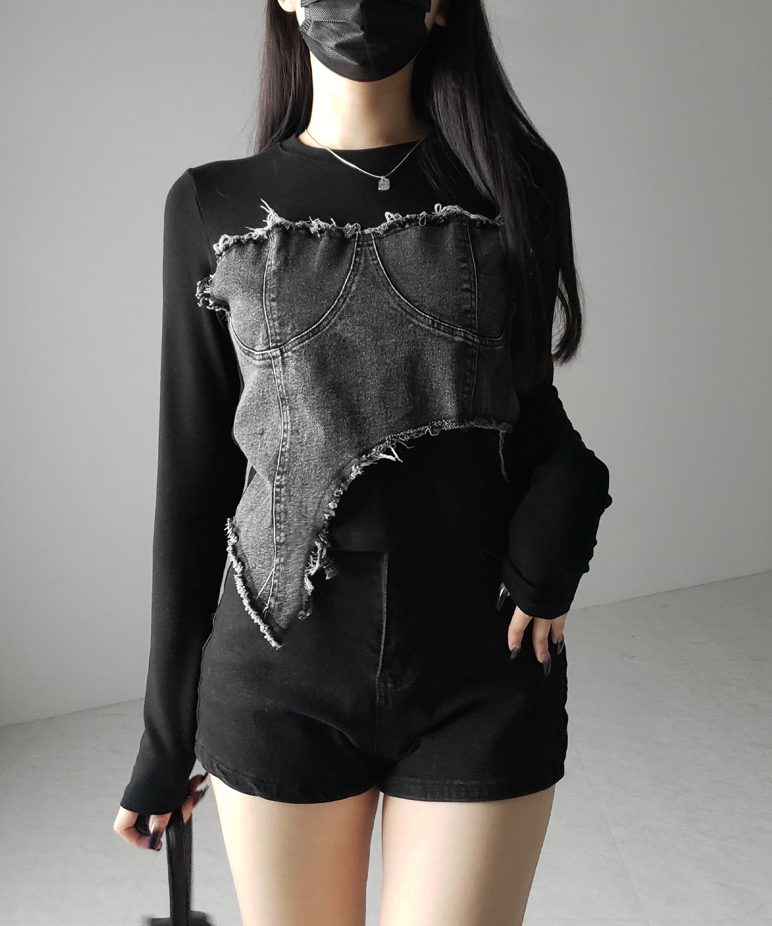 【 2color 】ダメージデニムビスチェドッキングTシャツ / damage denim bustier docking Tee