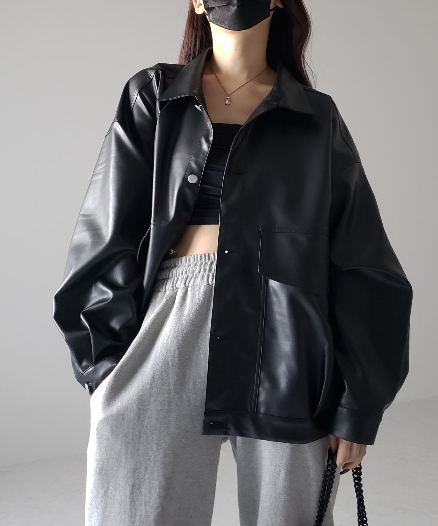 【 裾絞り可能2WAY 】ビッグシルエットボーイフレンドレザージャケット