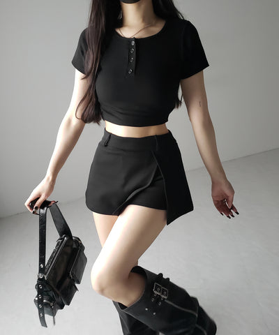 ヘンリーネック半袖ショートリブTシャツ /henley neck short sleeve short lib T-shirt