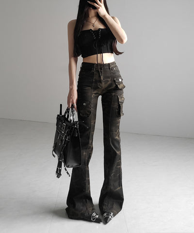 【カップ付き 】レースアップコルセットリボンショートリブベアトップ / laceup corset ribbon short ribbed bare top