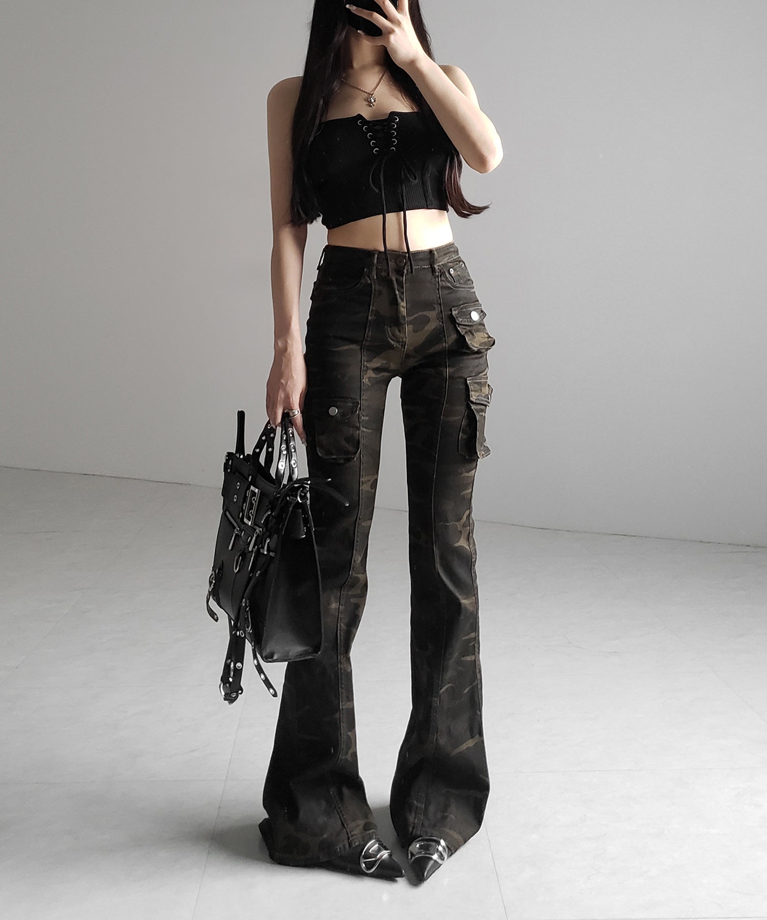 【カップ付き 】レースアップコルセットリボンショートリブベアトップ / laceup corset ribbon short ribbed bare top