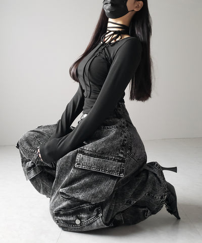 クロスストラップロングチョーカーリボントップス / cross strap long choker ribbon tops