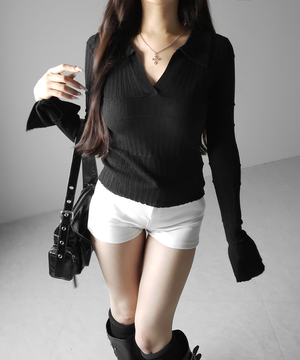 スキッパーネックスリムリブニットトップス / skipper neck slim rib knit tops