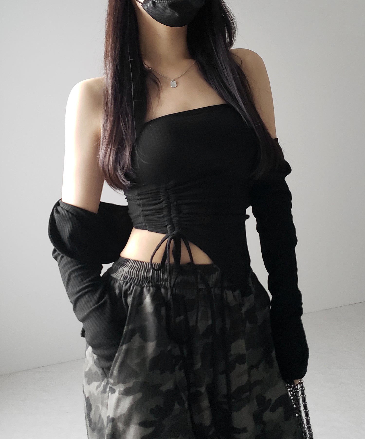 【 2点セット 】シャーリングリボンベアトップス & ショートカーディガン SET / shirring ribbon bare tops & short cardigan SET
