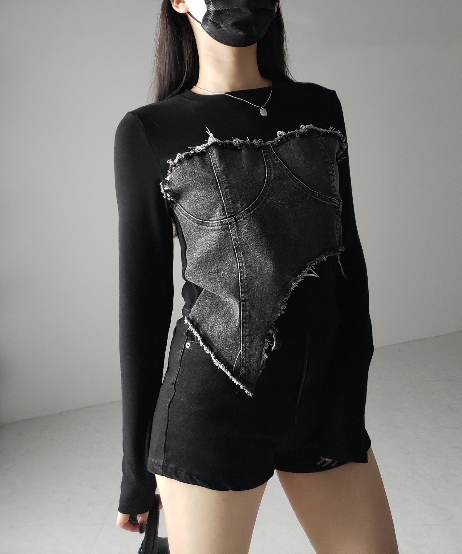 【 2color 】ダメージデニムビスチェドッキングTシャツ / damage denim bustier docking Tee