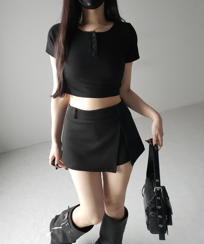 ヘンリーネック半袖ショートリブTシャツ /henley neck short sleeve short lib T-shirt