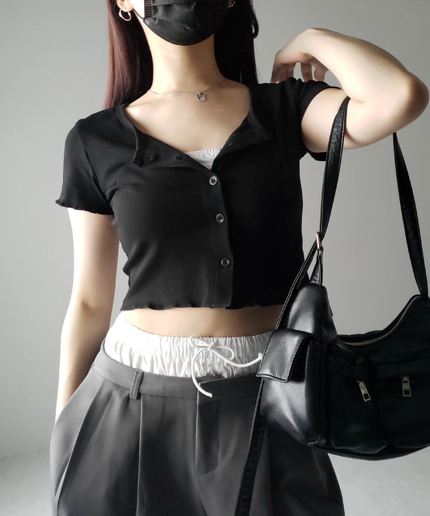 【 3color 】フロントボタン半袖メローショートTシャツ / front button mellow short Tee