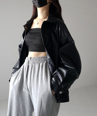【 裾絞り可能2WAY 】ビッグシルエットボーイフレンドレザージャケット