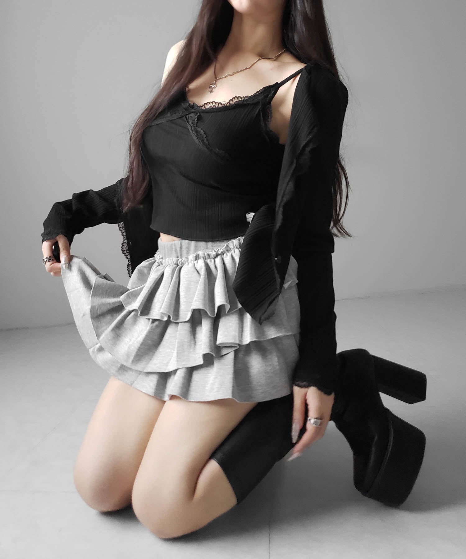 【 2点セット 】レースドッキングリブキャミソール + カーディガンセット / lace docking lib camisole + cardigan SET