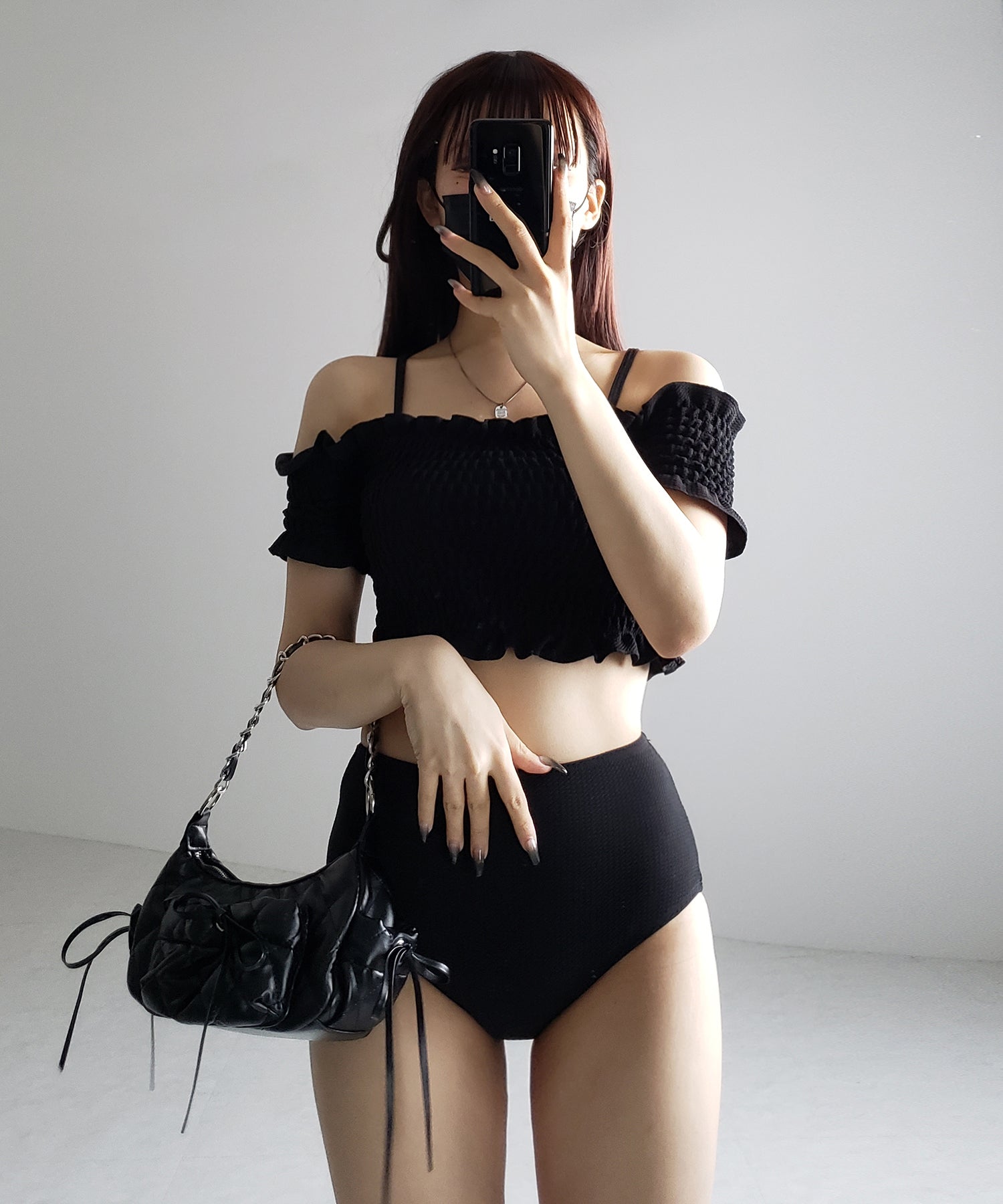 【 レディース水着/2点セット 】オフショルダーシャーリングギャザーハイウエストビキニ / off shoulder shirring gather highwaist bikini
