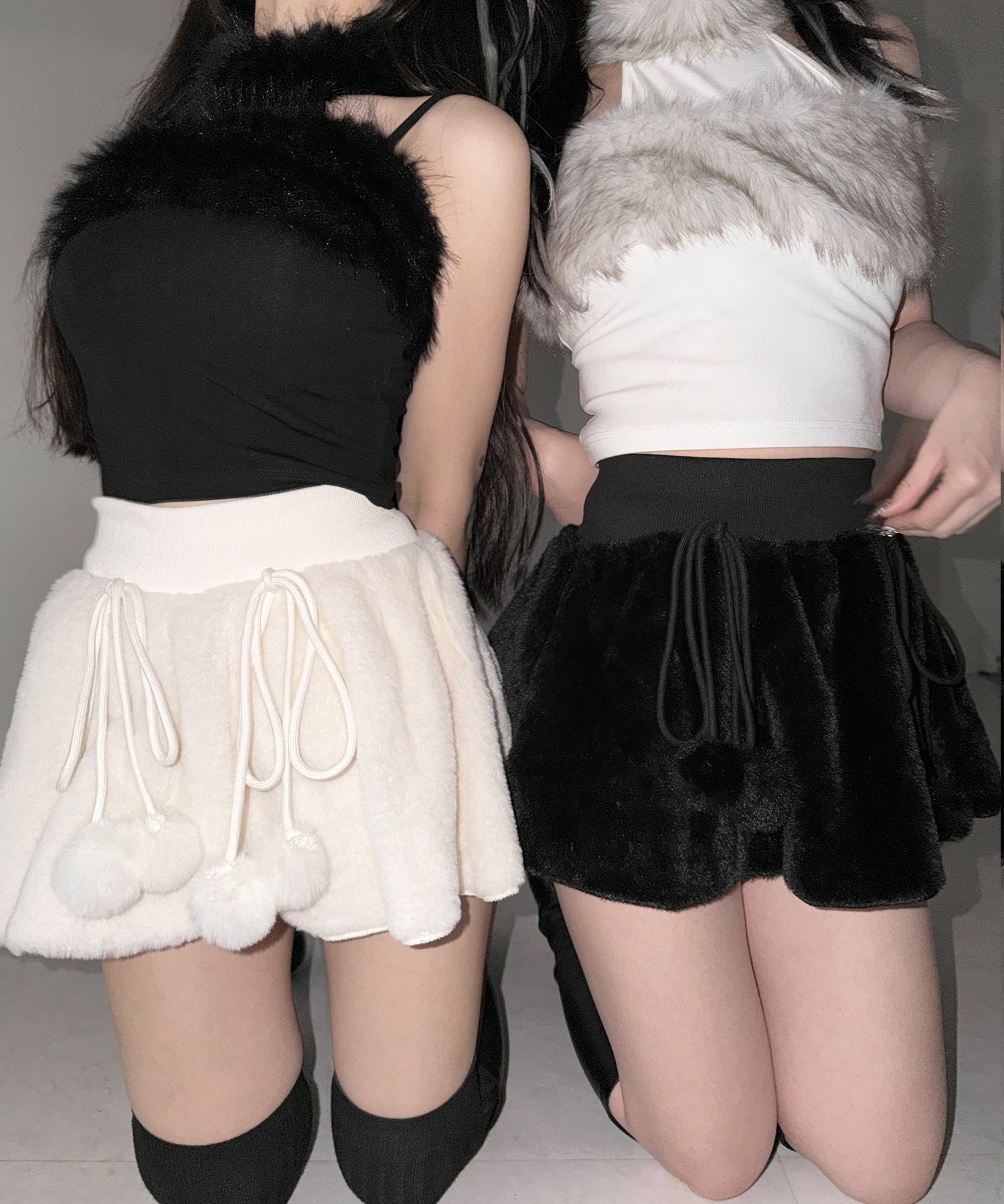【 インパン裏地付き 】ポンポン付ファーフレアミニスカート / ponpon fur flare mini skirt