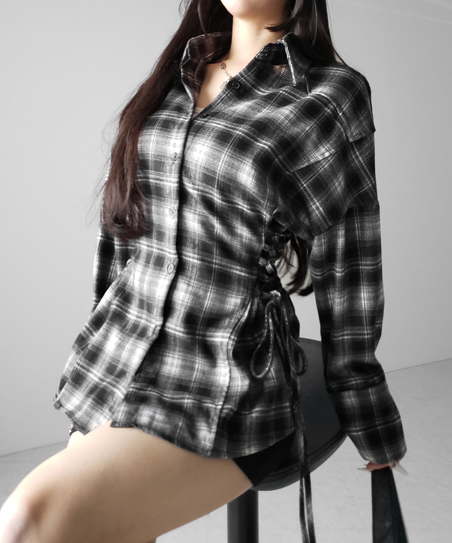 レースアップリボンスリムラインチェックネルシャツ / lace up ribbon slim line check flannel shirt