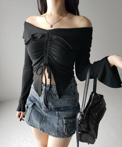 シャーリングフロントスリットオフショルトップス / shirring front slit offshoulder tops