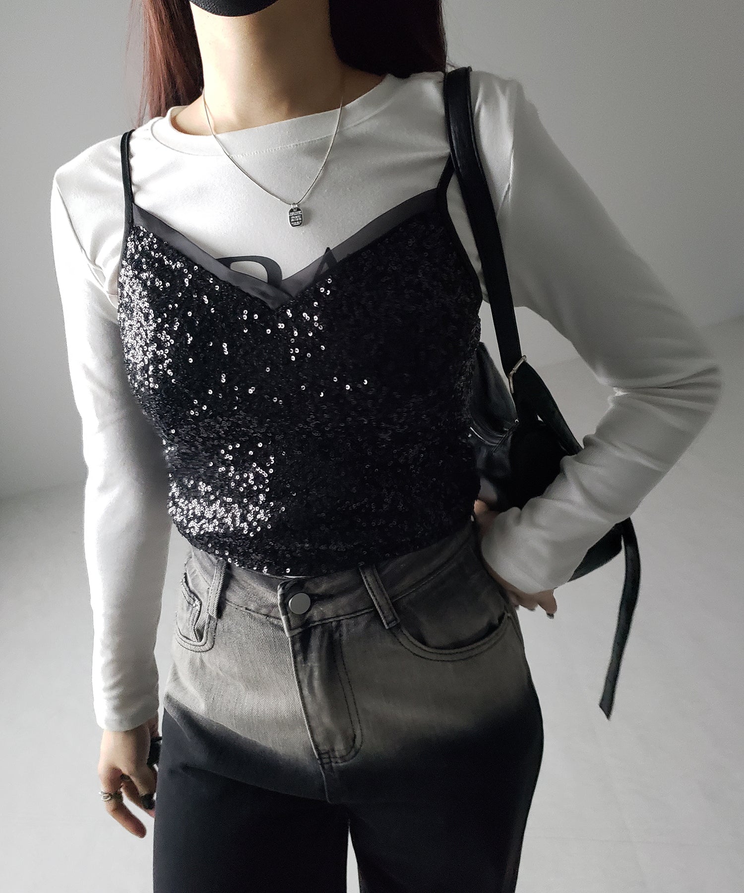 【 カップ付き 】シアースパンコールショートキャミソールビスチェ / sheer spangle short camisole bustier