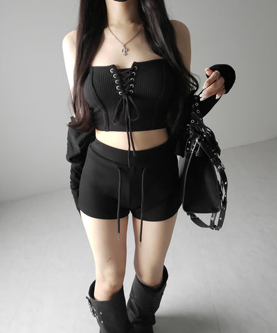 【カップ付き 】レースアップコルセットリボンショートリブベアトップ / laceup corset ribbon short ribbed bare top