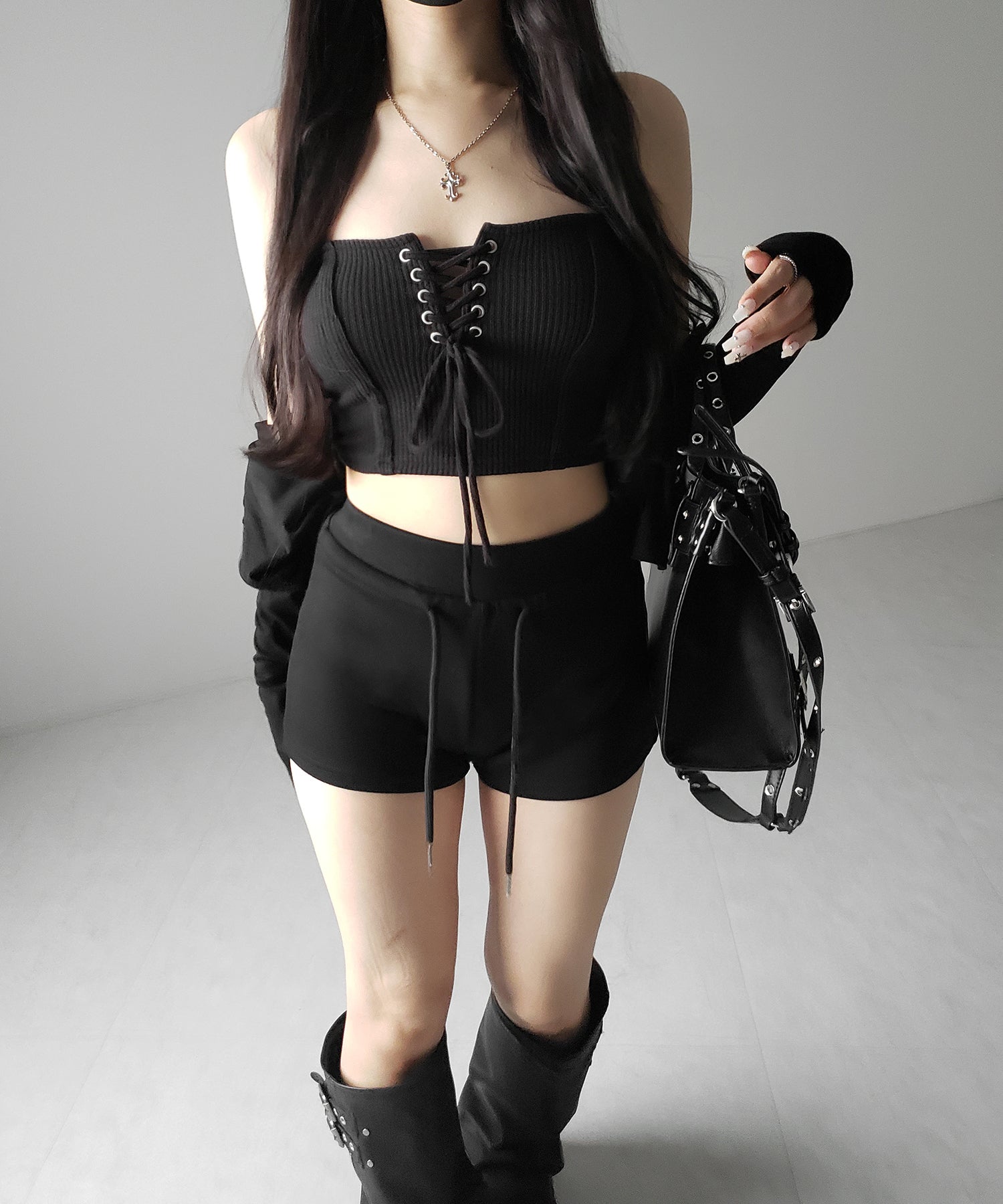 【カップ付き 】レースアップコルセットリボンショートリブベアトップ / laceup corset ribbon short ribbed bare top