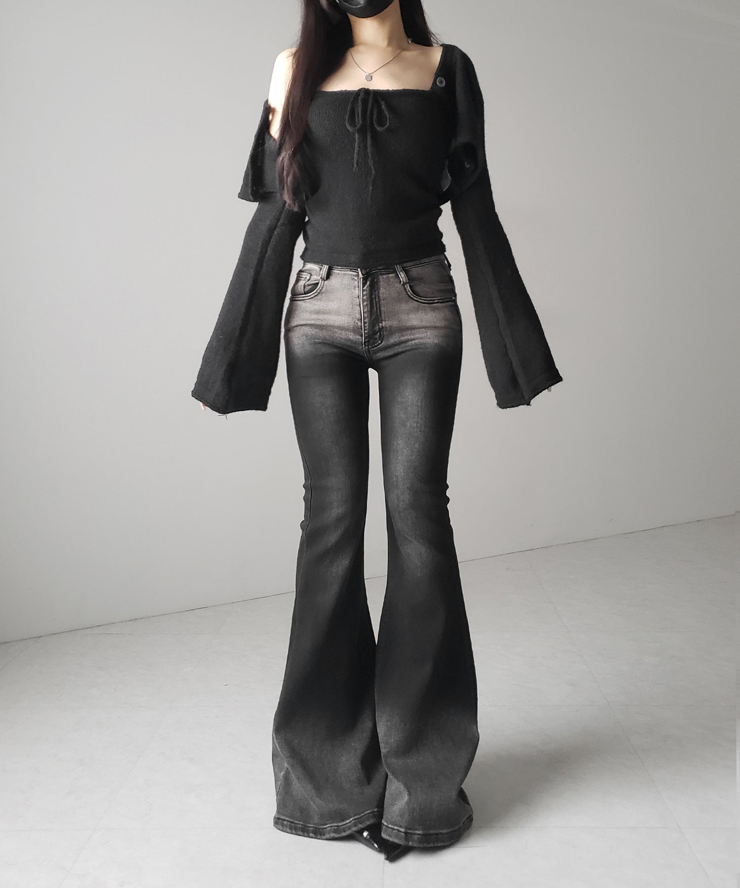 【 2点セット 】フロントリボンニットベアトップ + 長袖ショートカーディガン SET / front ribbon knit bare top + long sleeve short cardigan set