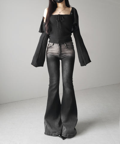 【 2点セット 】フロントリボンニットベアトップ + 長袖ショートカーディガン SET / front ribbon knit bare top + long sleeve short cardigan set