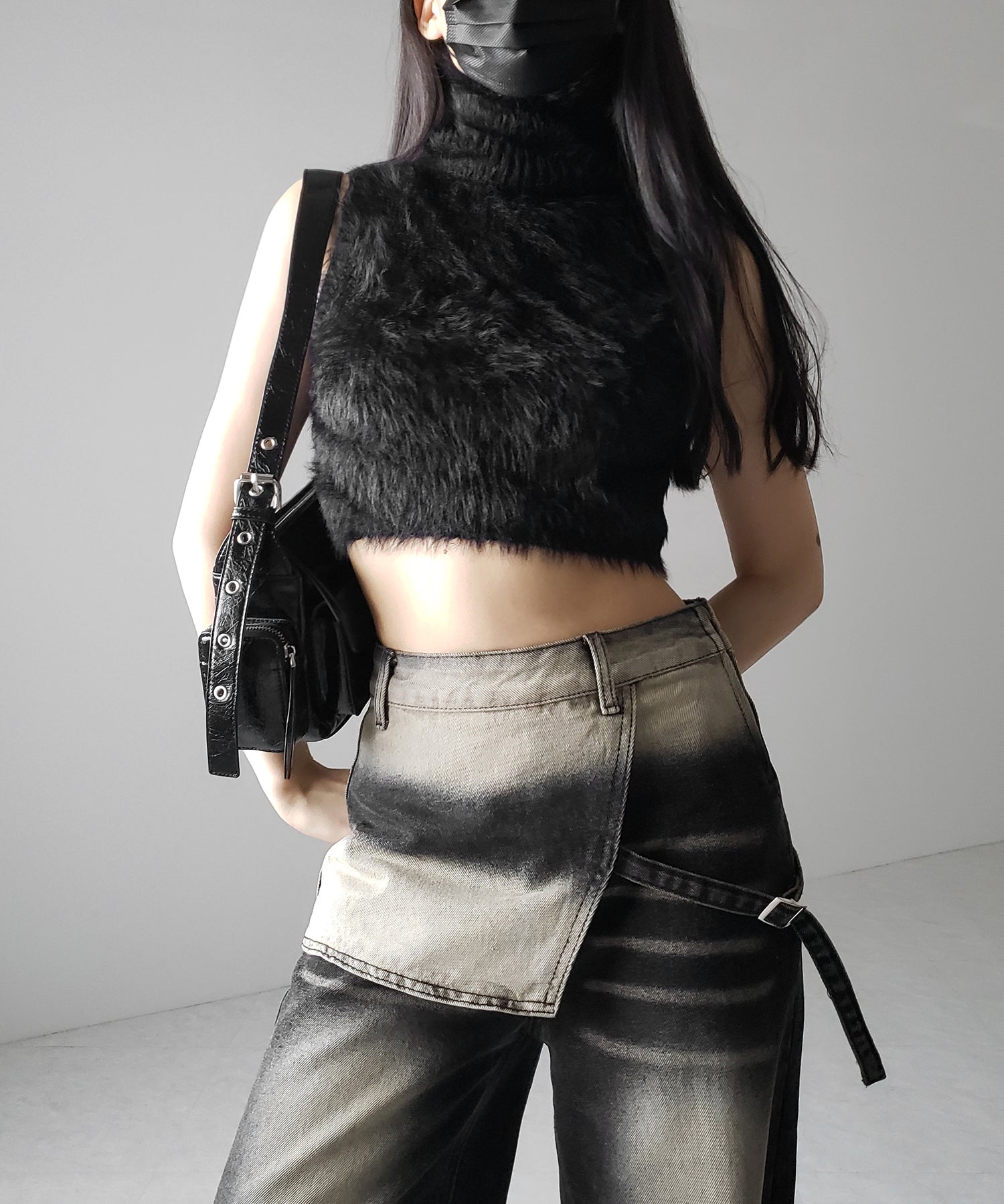 【 2color /4size 】ラップレイヤードバイカラーブリーチワイドデニム / wrap layered bicolor bleach wide denim