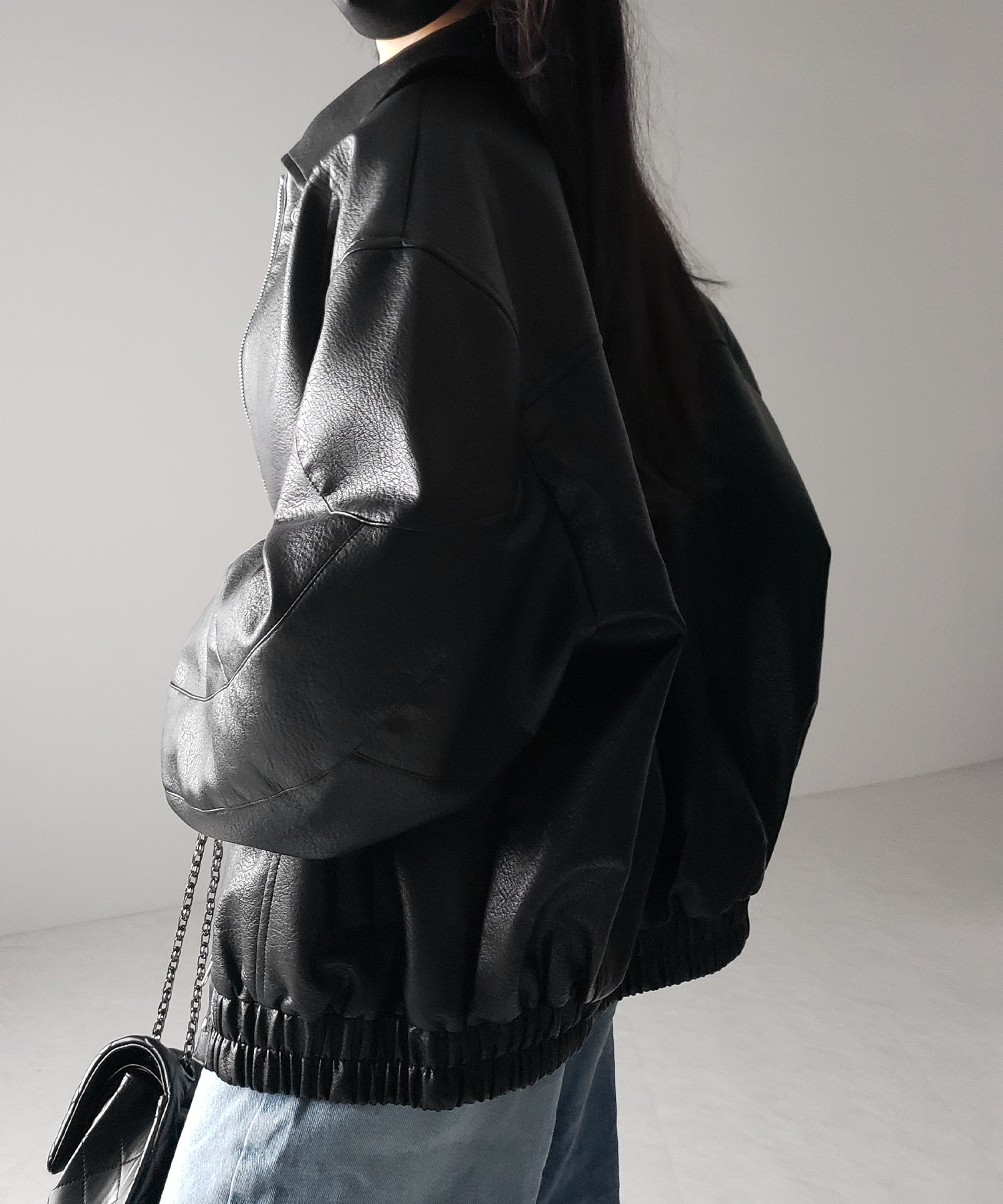 【 2color 】ヴィンテージライクボリュームスリーブフェイクレザーブルゾン / vintage like volume sleeve fake leather blouson