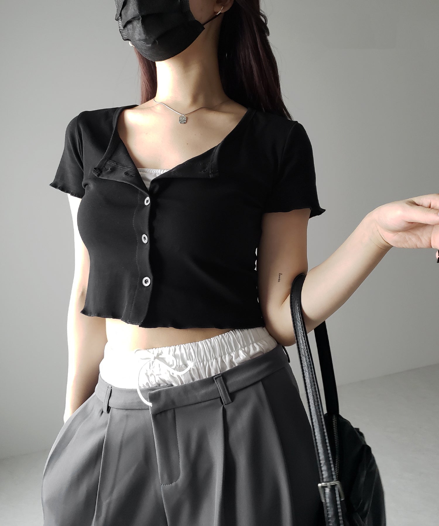 【 3color 】フロントボタン半袖メローショートTシャツ / front button mellow short Tee