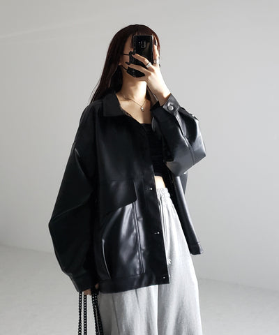 【 裾絞り可能2WAY 】ビッグシルエットボーイフレンドレザージャケット