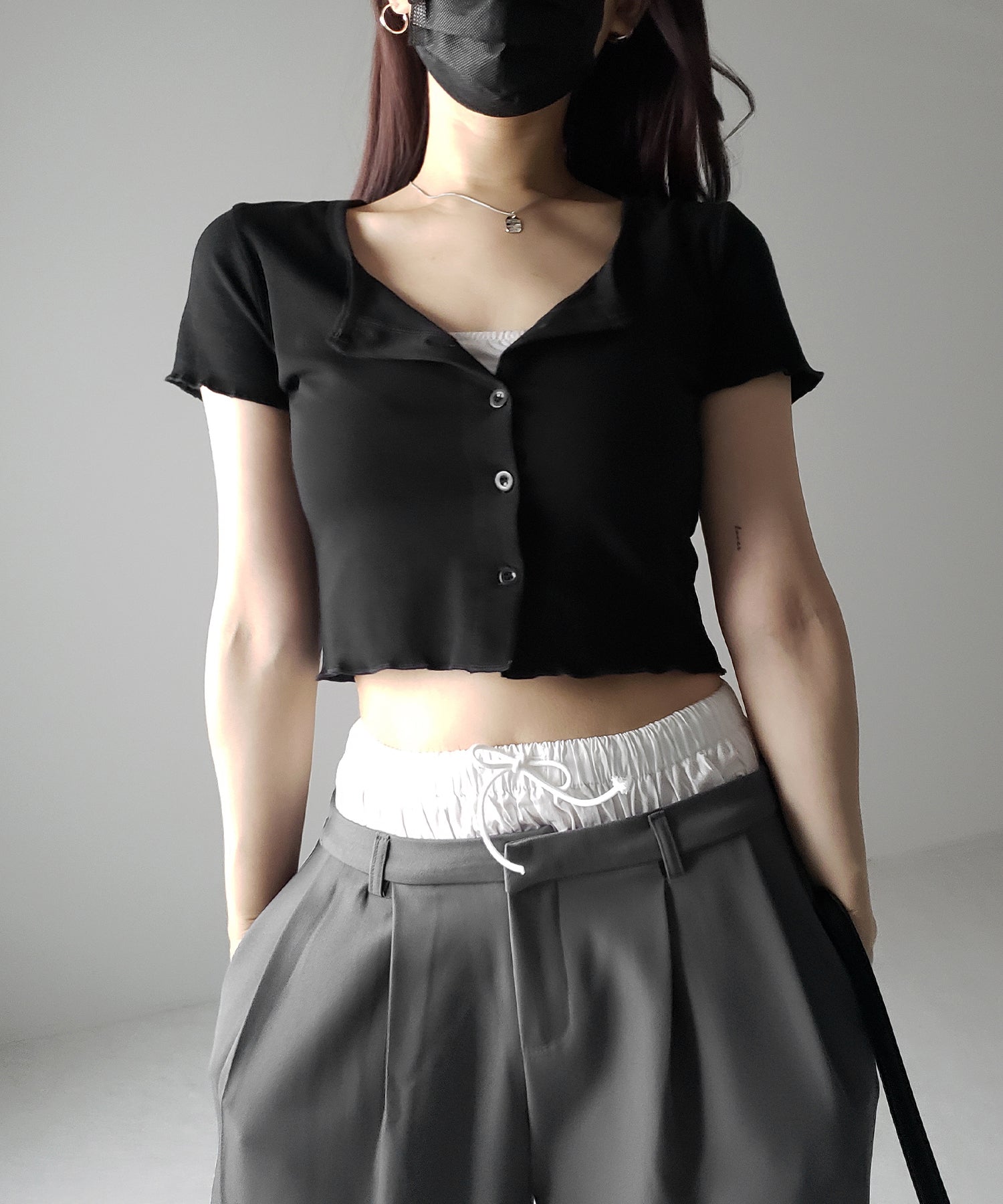 【 3color 】フロントボタン半袖メローショートTシャツ / front button mellow short Tee