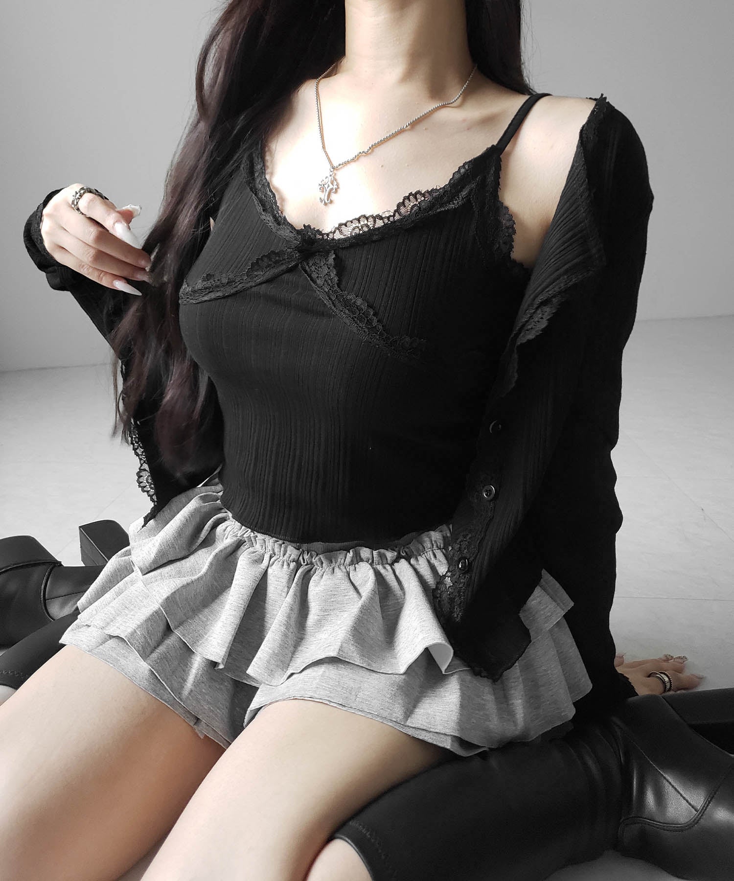 【 2点セット 】レースドッキングリブキャミソール + カーディガンセット / lace docking lib camisole + cardigan SET