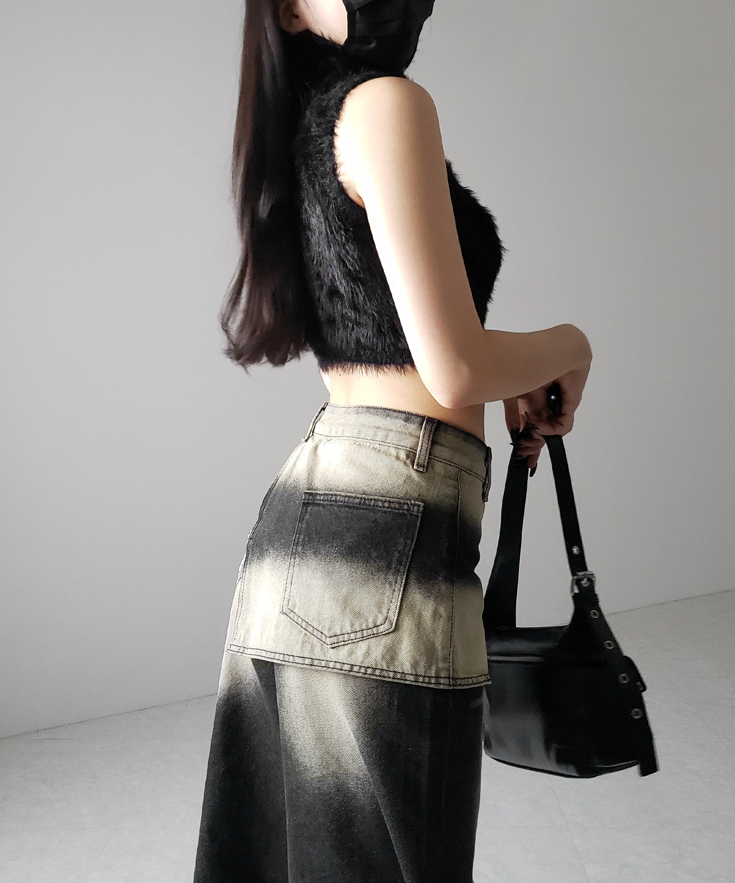 【 2color /4size 】ラップレイヤードバイカラーブリーチワイドデニム / wrap layered bicolor bleach wide denim