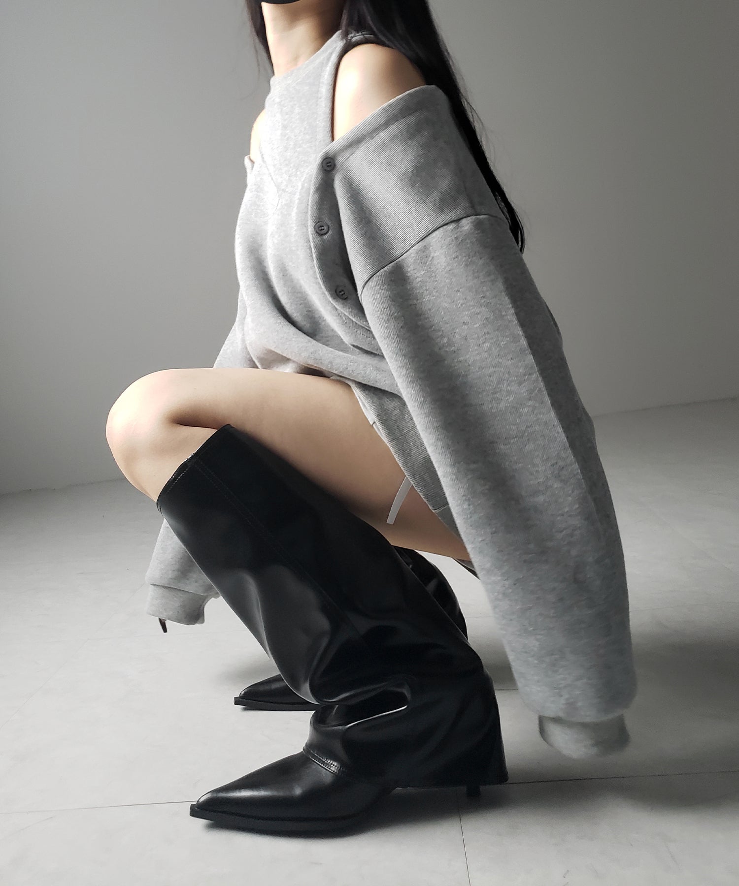 【 2color 】ポインテッドトゥフェイクレザーカバーロングブーツ / pointed toe fake leather covered long boots