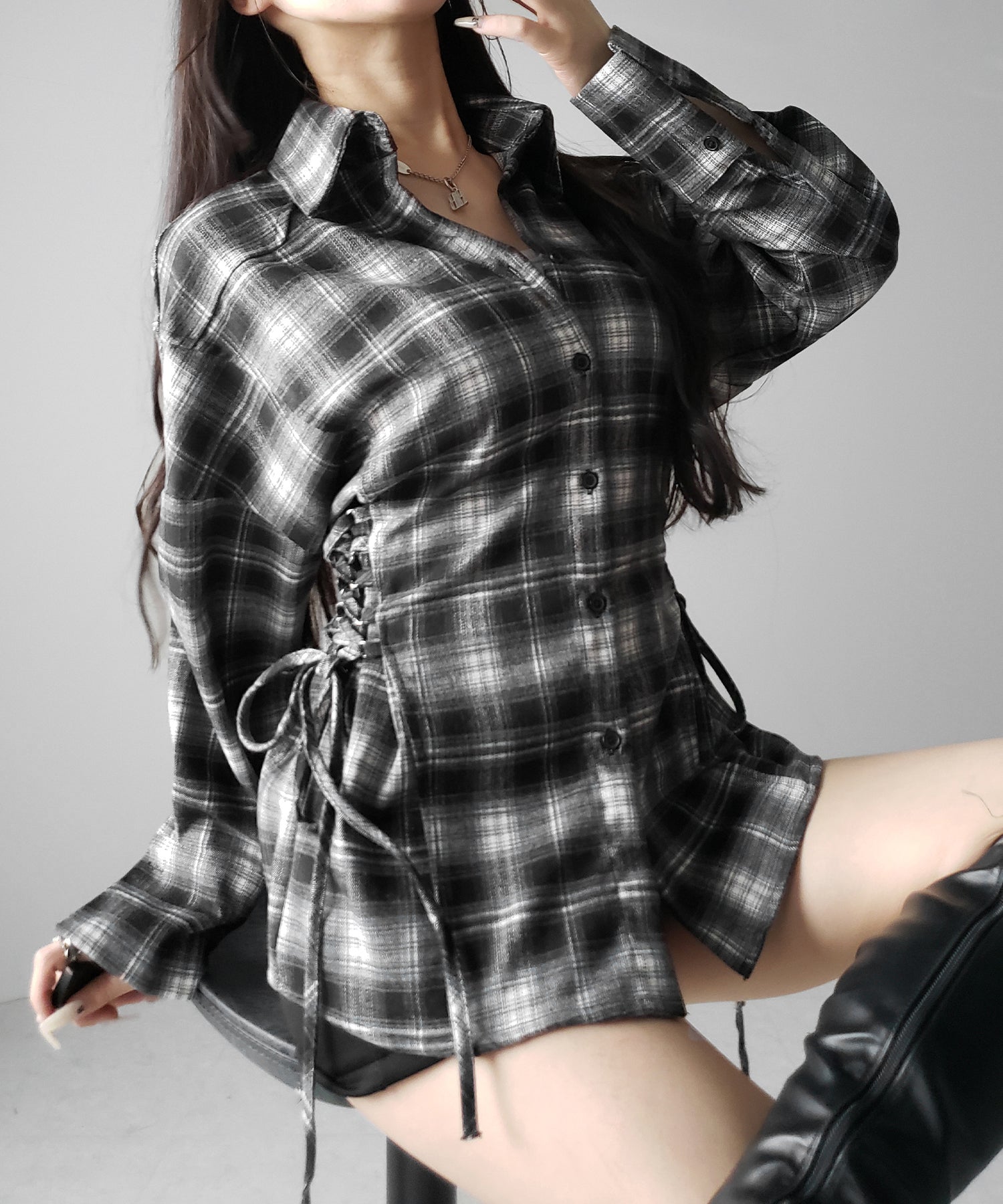レースアップリボンスリムラインチェックネルシャツ / lace up ribbon slim line check flannel shirt