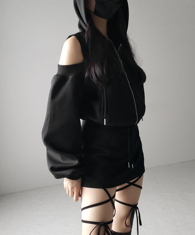 オープンショルダーカットアウトジップアップパーカー / open shoulder cut out zip up hoodie