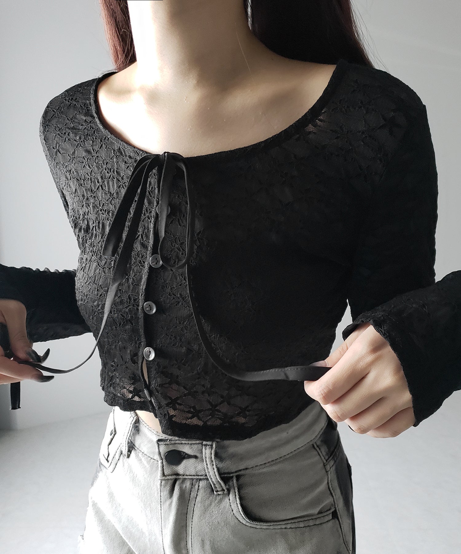 【 2WAY 】クロスストラップリボンショートレースカーディガン / cross strap ribbon short lace cardigan