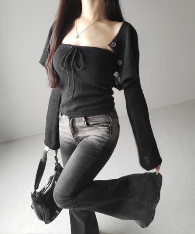 【 2点セット 】フロントリボンニットベアトップ + 長袖ショートカーディガン SET / front ribbon knit bare top + long sleeve short cardigan set