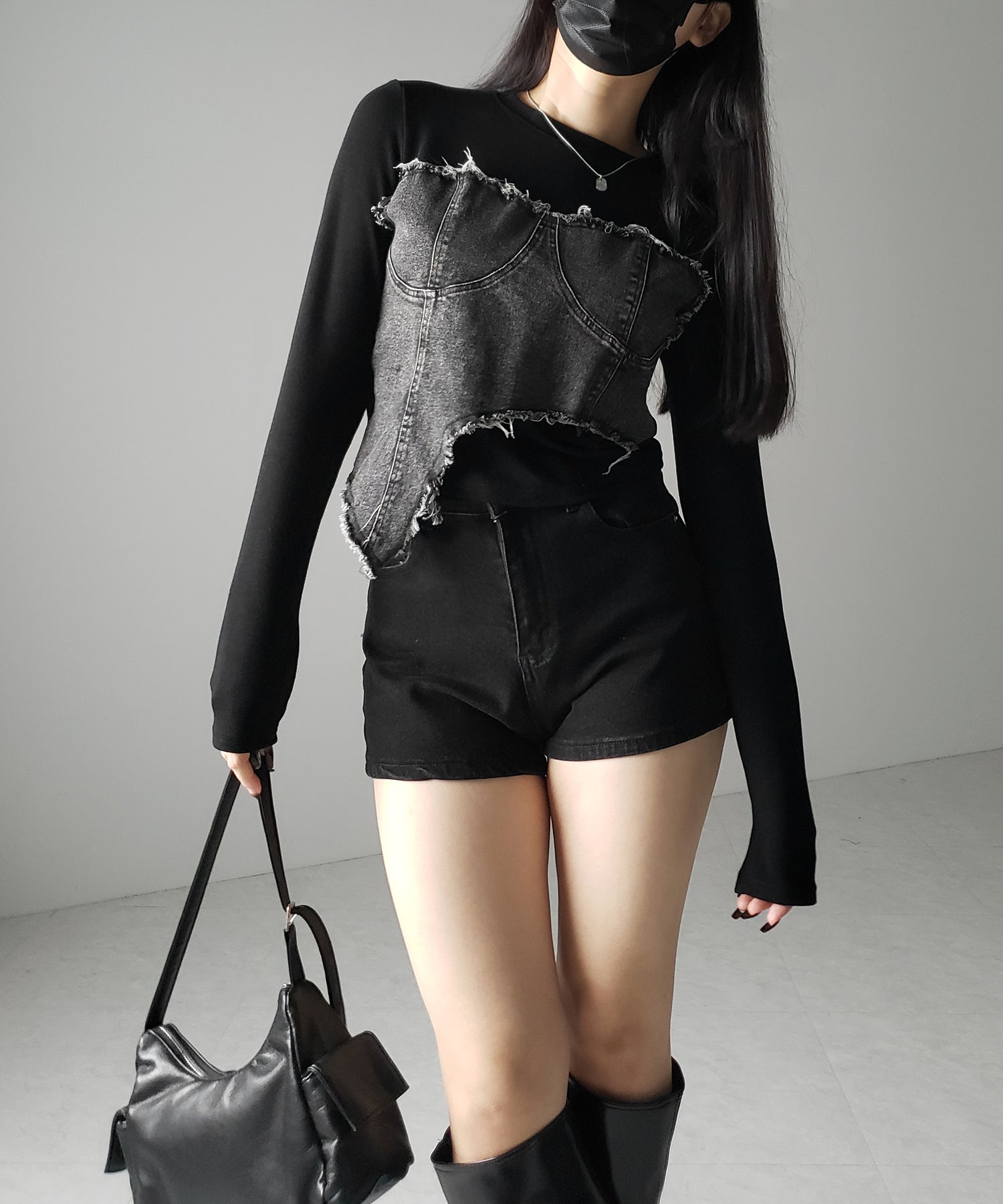 【 2color 】ダメージデニムビスチェドッキングTシャツ / damage denim bustier docking Tee