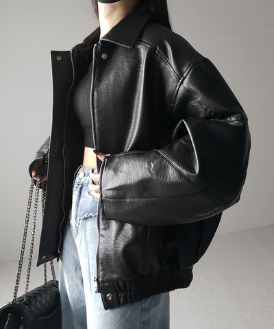 【 2color 】ヴィンテージライクボリュームスリーブフェイクレザーブルゾン / vintage like volume sleeve fake leather blouson