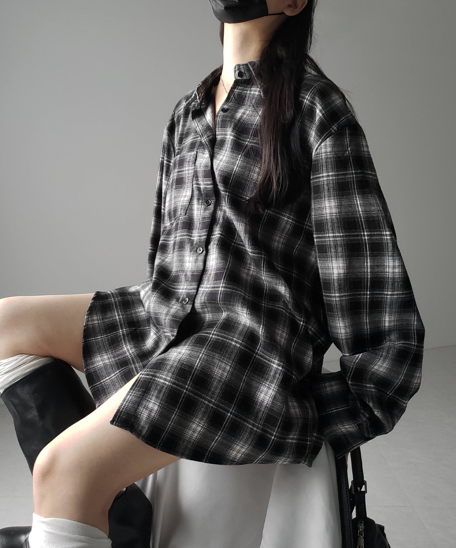 ビッグシルエットブラックチェックネルシャツ / big silhouette black check flannel shirt